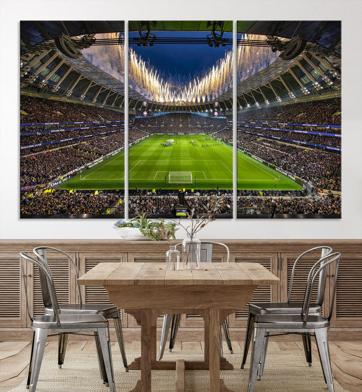 A stunning Tottenham Hotspur Stadium wall art captures the energy of a stadium packed with fans and vibrant lights.