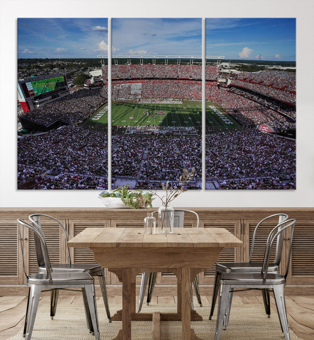 The wall art is a South Carolina Gamecocks print, showcasing Williams-Brice Stadium from a distance under clear skies.