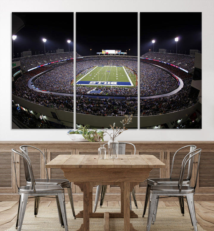 The Buffalo Bills NFL Highmark Stadium at night print captures the bright lights, conveying an exhilarating atmosphere.