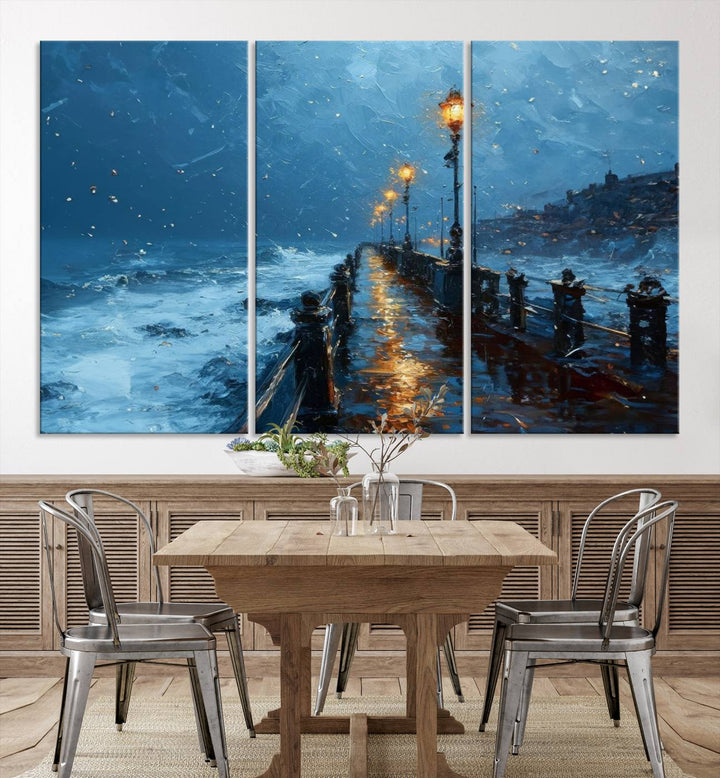 Framed 3-Panel Seaside Night Pier Oil Painting Canvas Wall Art | Ready to Hang Coastal Landscape Art for Modern Living Room, Office, or Bedroom Decor