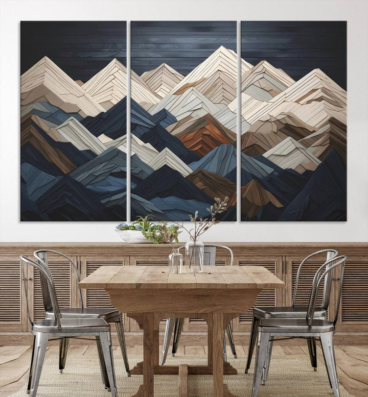 Wood Style Mountain Range Wall Art - Ready to Hang 3-Piece Set for Modern Rustic Decor, Abstract Wooden Design for Living Rooms, Bedrooms & Offices