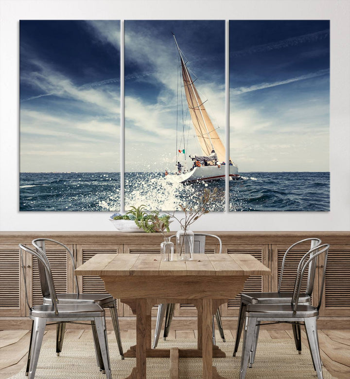 Sailboat Ocean Beach Blue Sky Wall Art Canvas Print