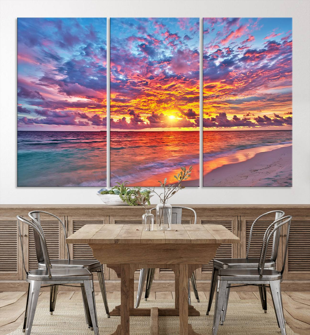 Vibrant Sunset Beach Wall Art | Ocean Sunset Canvas Print | Coastal Wall Art Decor | Ready to Hang | Stunning Sunset Scene for Home or Office Decor