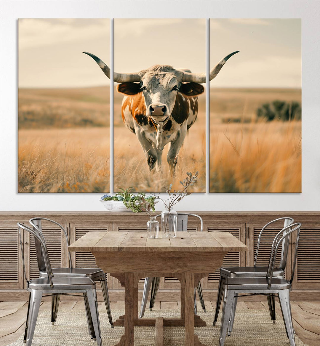 The Texas Cow Longhorn Wall Art Canvas adds rustic charm to the decor.