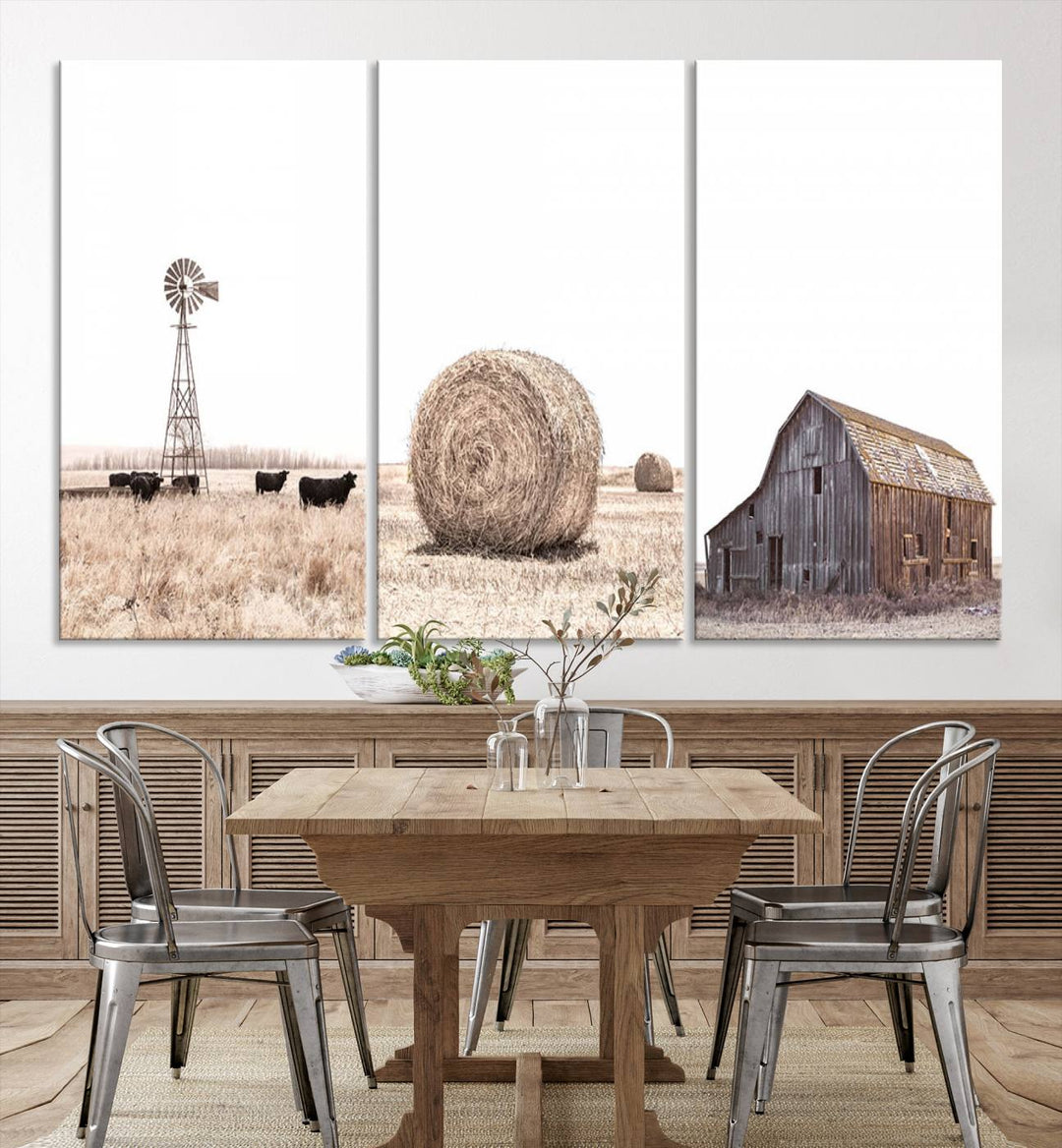 Above the couch, a Rustic Farmhouse Wall Art set depicts a barn and wheat field.