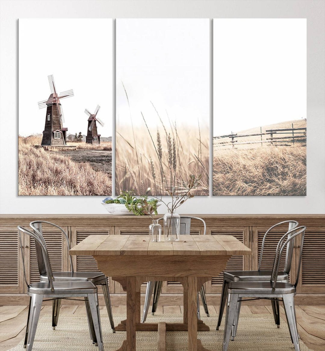 Farmhouse wall art set: 3 giclee canvas prints featuring windmills and wheat fields.