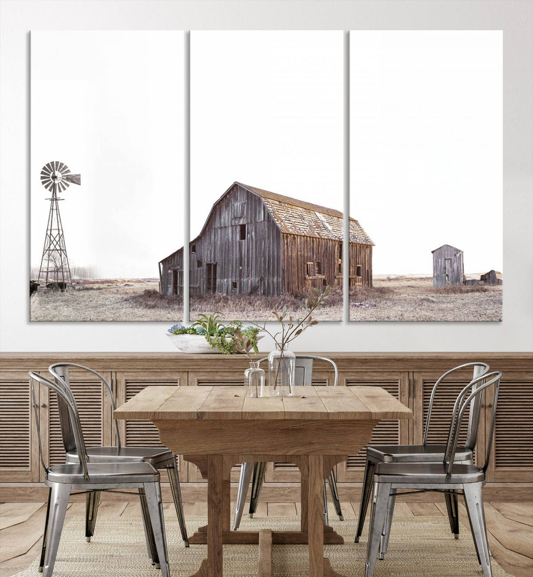 The Set of 3 Rustic Farmhouse Wall Art Prints features a barn, wheat field, and landscape.