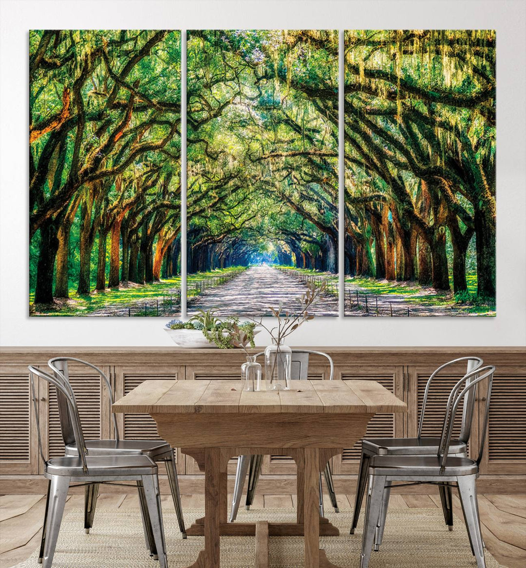 Serene Tree Tunnel Wall Art Canvas Print – Pathway Under Canopy of Lush Green Trees, Nature-Inspired Decor for Living Room – Ready to Hang