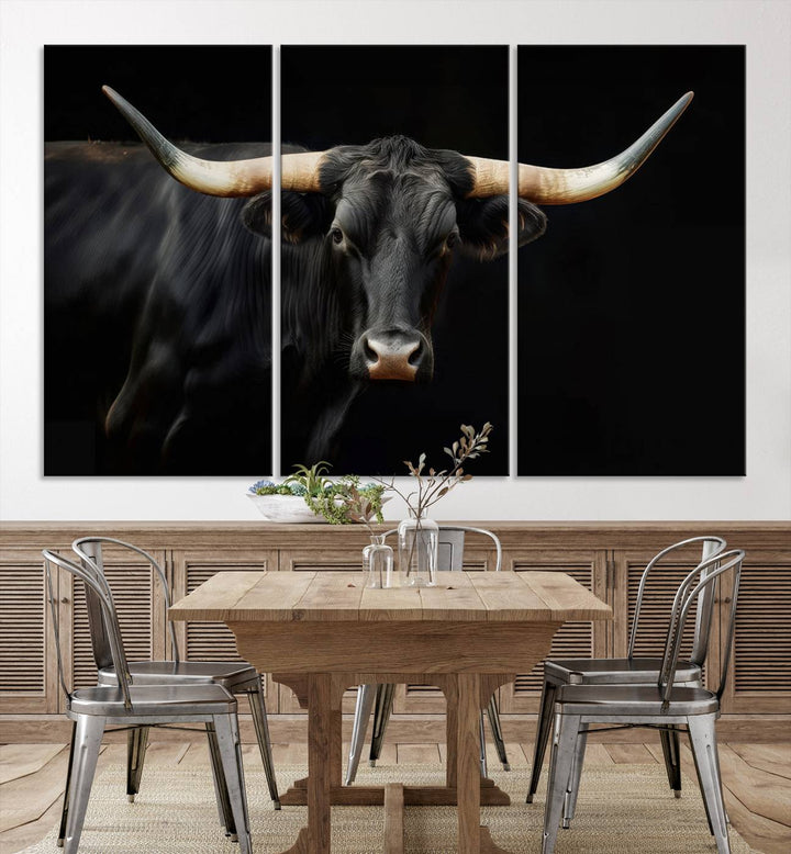 Texas Longhorn Cow | Majestic Black Bull Wall Art Canvas Print - Farmhouse Animal Decor - Ready to Hang