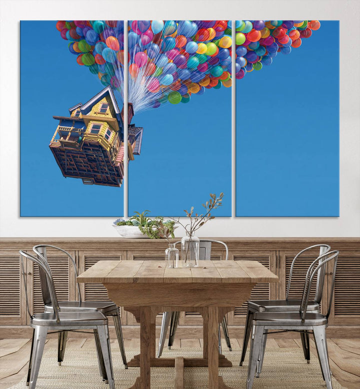 The "Carl Fredricksen, Up Movie Wall Art" features a three-panel design with a house lifted by colorful balloons, adding whimsical decor to any space.