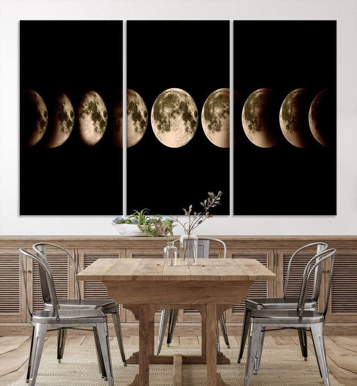 The "Phases of the Moon Wall Art" canvas print elegantly hangs on the wall.