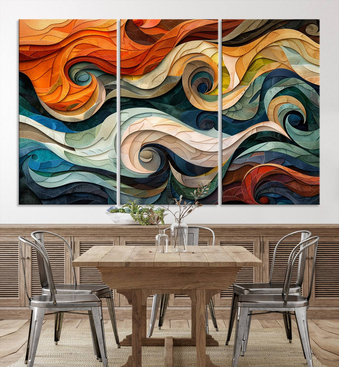 Abstract Wave Wall Art is a ready-to-hang framed canvas print featuring swirling orange, blue, and white patterns. It's perfect for adding vibrant decor to modern spaces.