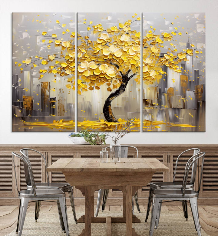 A framed canvas print from the "Golden Tree Canvas Print | Abstract Wall Art for Modern Homes | Ready to Hang Framed Artwork" collection hangs elegantly against the dark wall, epitomizing exquisite abstract wall art.