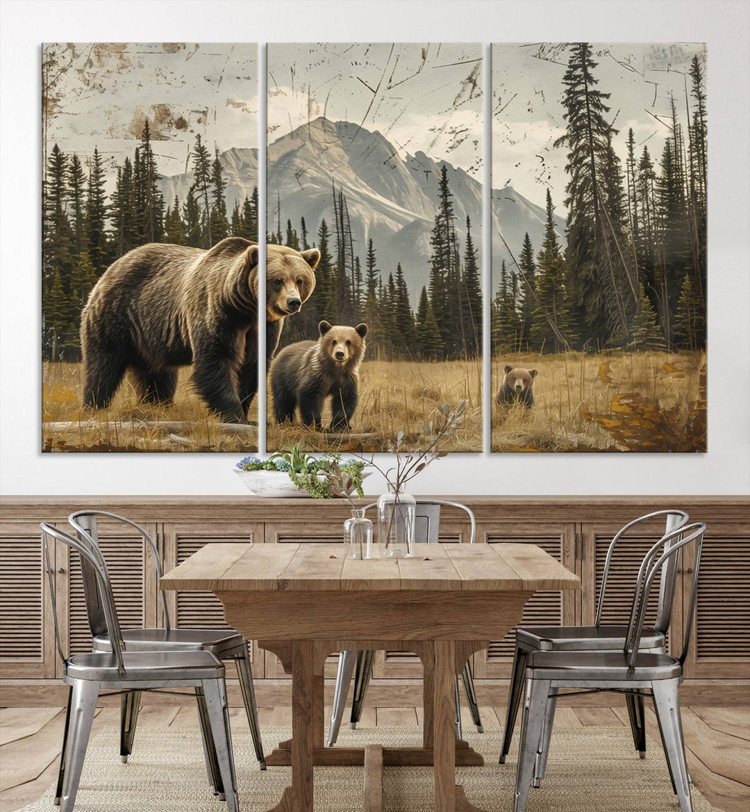 Displaying the Rustic Grizzly 399 Bear Family Wall Art Canvas Print in a modern living space adds remarkable charm. This triptych piece showcases a bear family in the forest, printed on museum-quality canvas and ready to hang, seamlessly enhancing your decor with its striking detail and elegance.