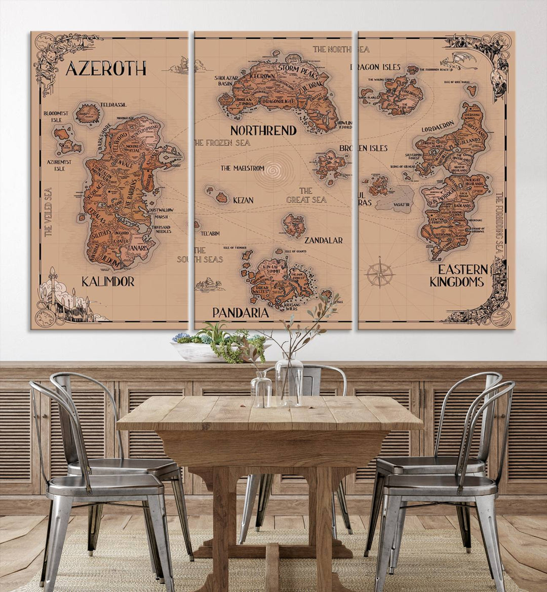 The Vintage Azeroth World Map Canvas Print, a stunning three-piece set, enhances the space with its vintage charm, perfectly complementing your gaming decor.