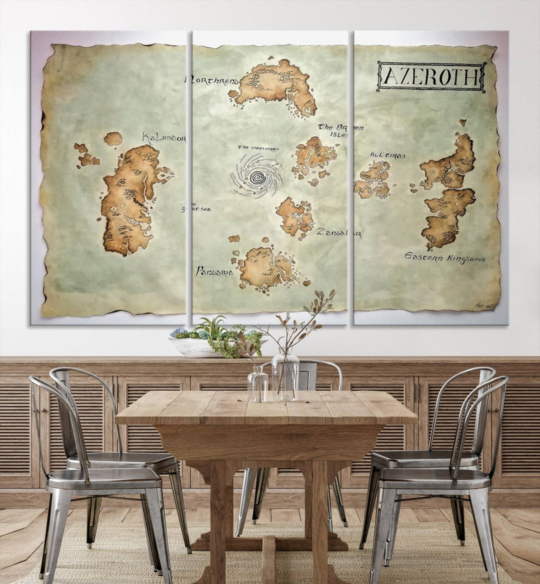 The Azeroth World Map Wall Art Canvas Print, a three-panel vintage piece, brings a cozy fantasy gaming atmosphere to the room.