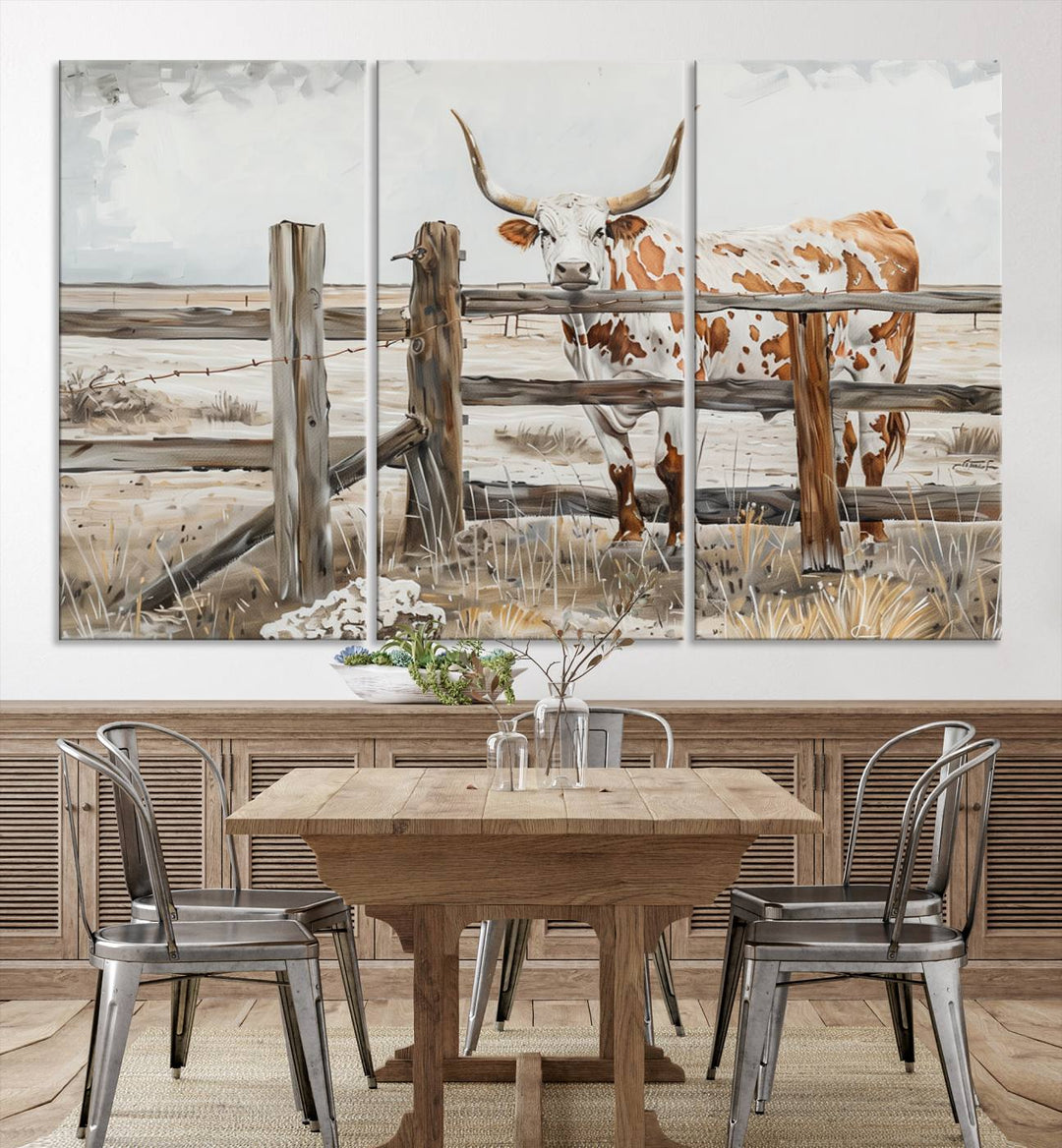 The Abstract Longhorn Cow Wall Art, a ready-to-hang framed canvas print, adds rustic charm and perfectly captures the essence of rural elegance.