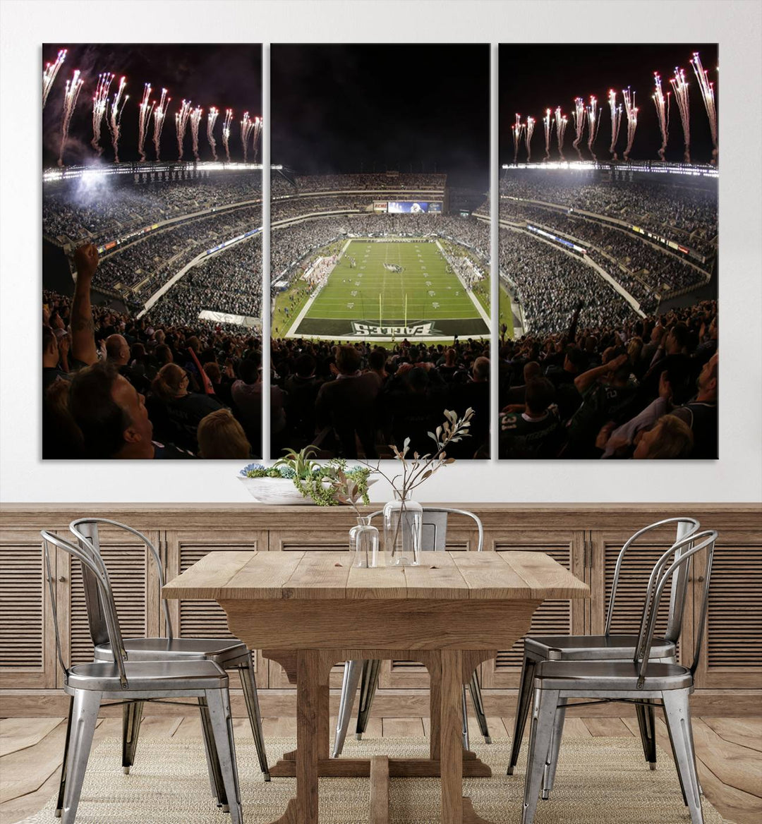 The living room features a spectacular Philadelphia Eagles Football Team Print. This wall art canvas print of Lincoln Financial Field at night captures a Philadelphia Eagles game under the dazzling brilliance of fireworks, making it an eye-catching centerpiece.