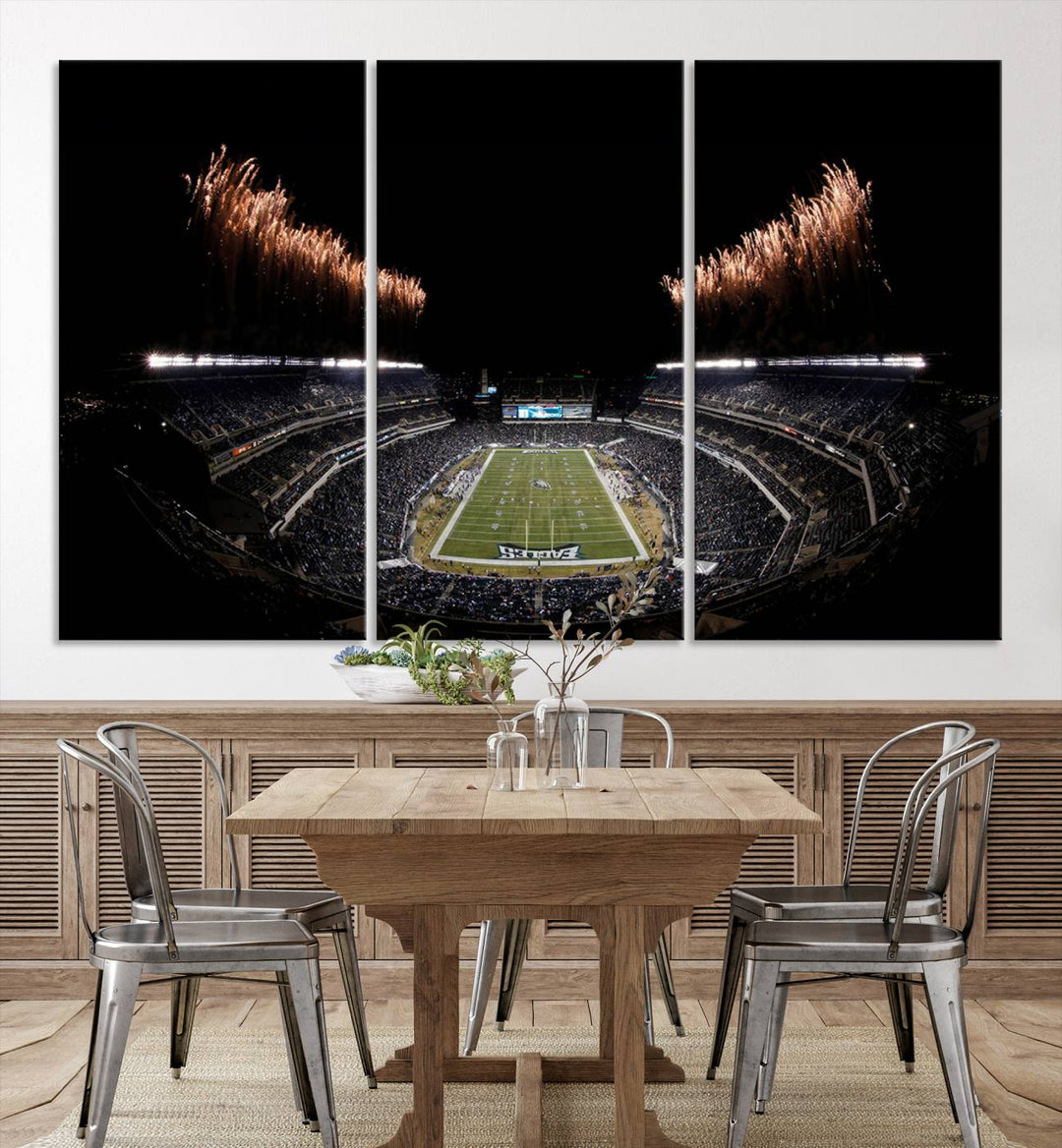 A stunning triptych wall art featuring the Philadelphia Eagles Football Team Print, capturing Lincoln Financial Field with spectacular fireworks.