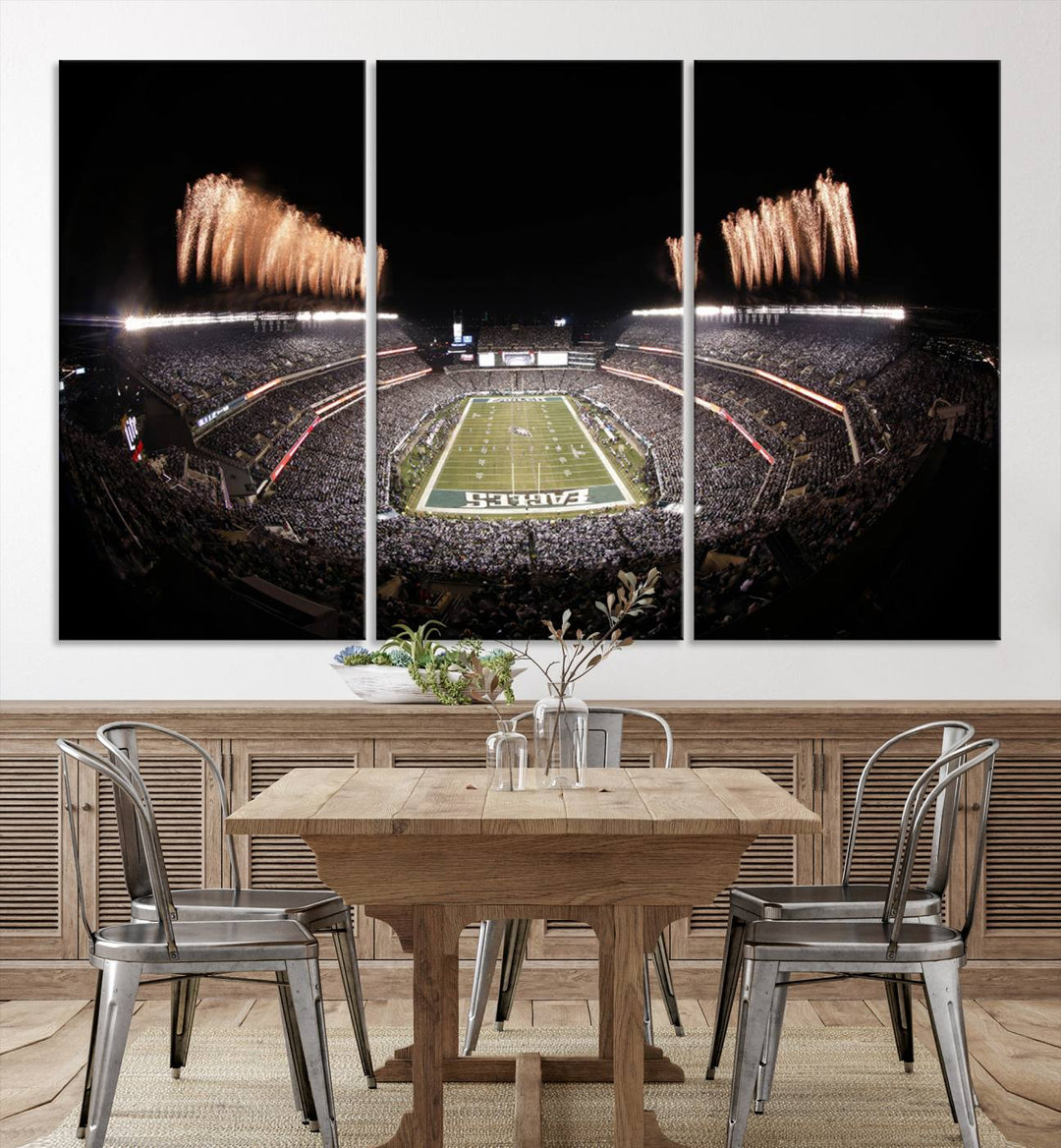 Experience the breathtaking Lincoln Financial Field Fireworks Game captured in this triple canvas wall art. A must-have for any Philadelphia Eagles fan!