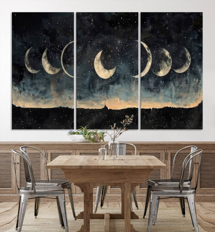 The "Phases of the Moon Wall Art," a framed canvas series capturing the celestial beauty of lunar cycles against a starry night, adds an elegant touch to the contemporary dining room.