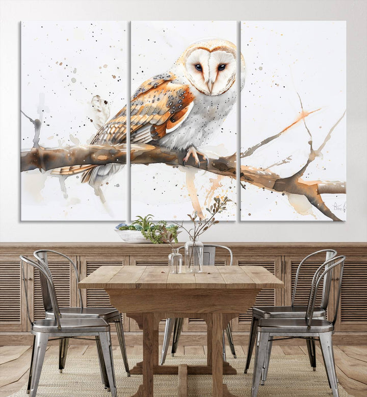 Introduce the tranquility of nature into your home with this stunning canvas print, featuring a Barn Owl on a branch. This triptych wall art, ready to hang and elegantly framed, is perfect for nature lovers seeking serene decor pieces.