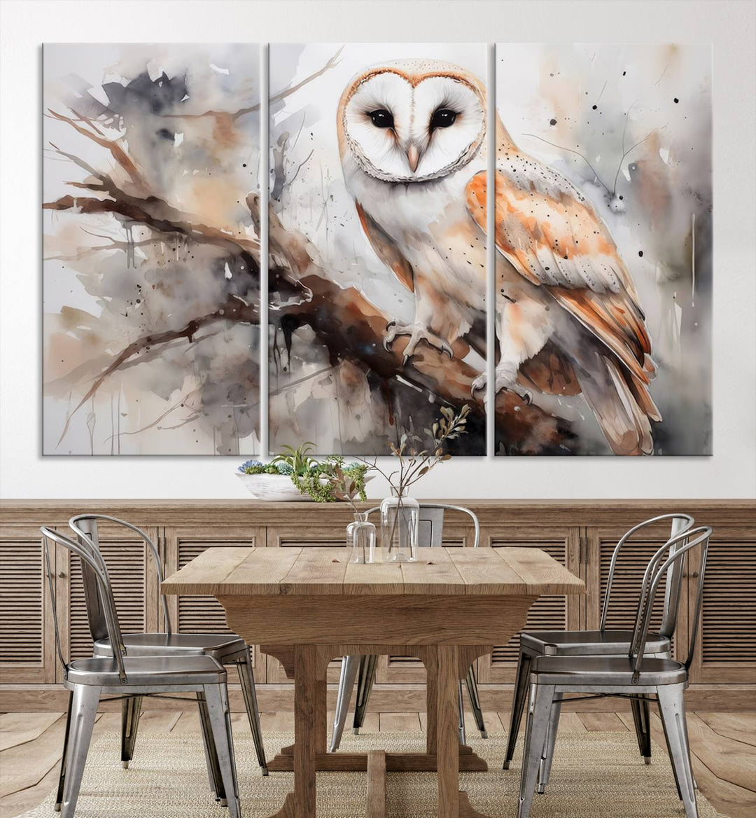 The Barn Owl Wall Art, a watercolor canvas print, elegantly adorns the wall in a modern living room, seamlessly merging farmhouse wall decor with contemporary style.