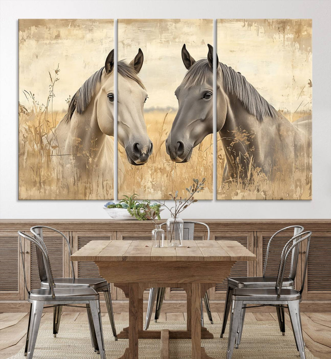 The "Chinese Ink Style Grunge Horses Wall Art Canvas Print," featuring two horses in a field, hangs prominently, highlighting its museum-quality canvas and high-resolution printing.