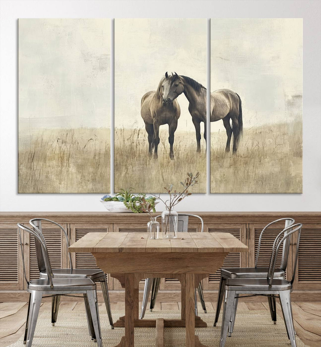 The Chinese Style Grunge Horses Wall Art Canvas Print, featuring a three-panel design of two horses in a misty field, is crafted on museum-quality canvas using high-resolution printing and hangs elegantly.