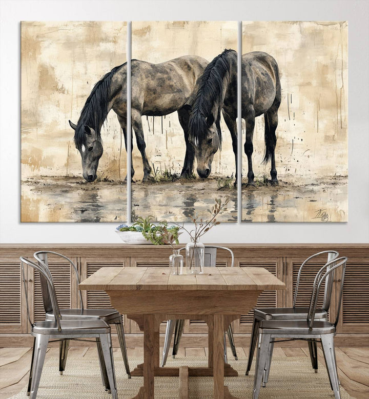 Chines Ink Style Black Horses Wall Art Canvas Print features a triptych painting of two horses drinking at the water's edge.