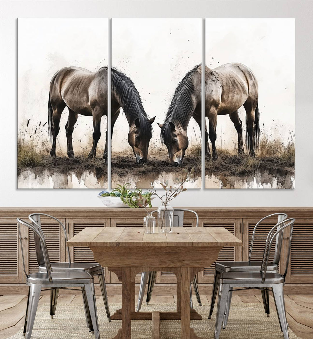 A Chinese Ink Style Horses Wall Art Canvas Print featuring two horses grazing is displayed in a modern setting.