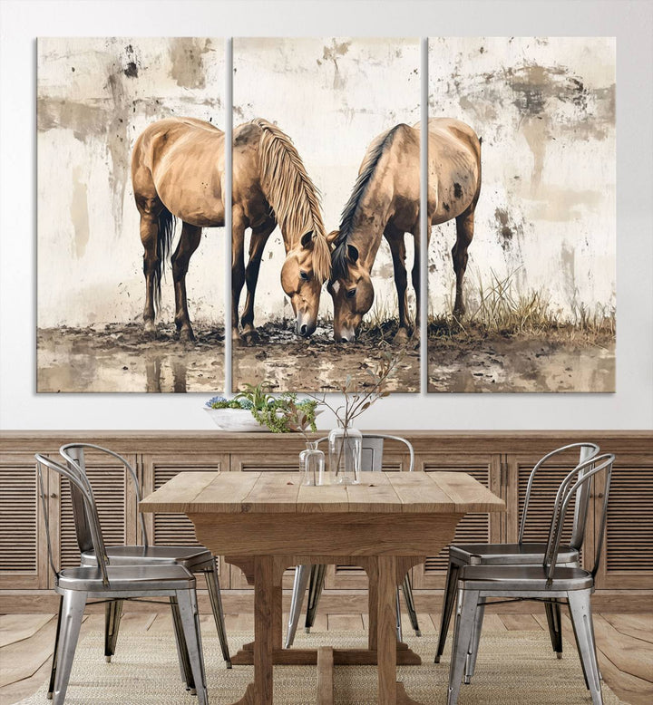 The Vintage Horses Wall Art, a ready-to-hang and framed triptych, beautifully captures two horses gracefully grazing. It perfectly complements the rustic charm of western farmhouse wall decor.