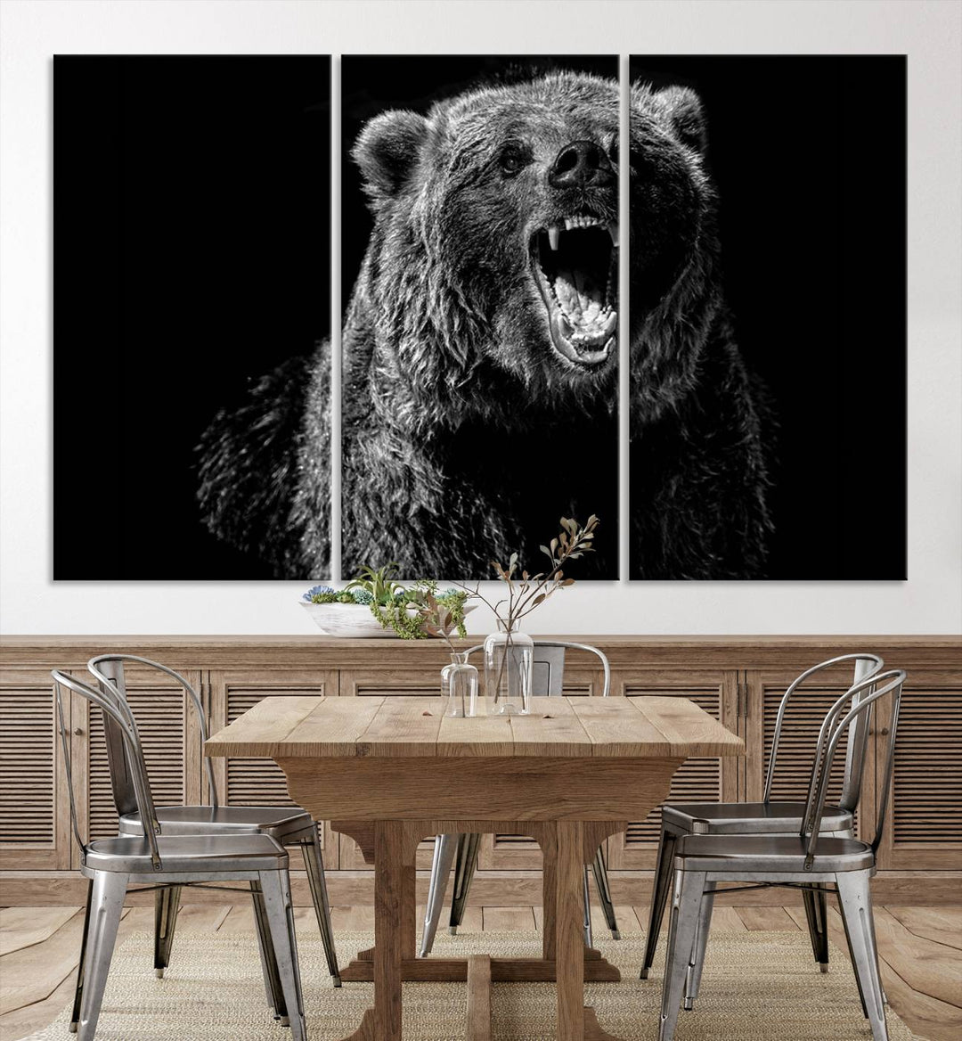 A striking Bear Canvas Print, perfect for cabin decor and ready to hang, is displayed in the modern living room, adding a touch of wildlife art to the sleek design.