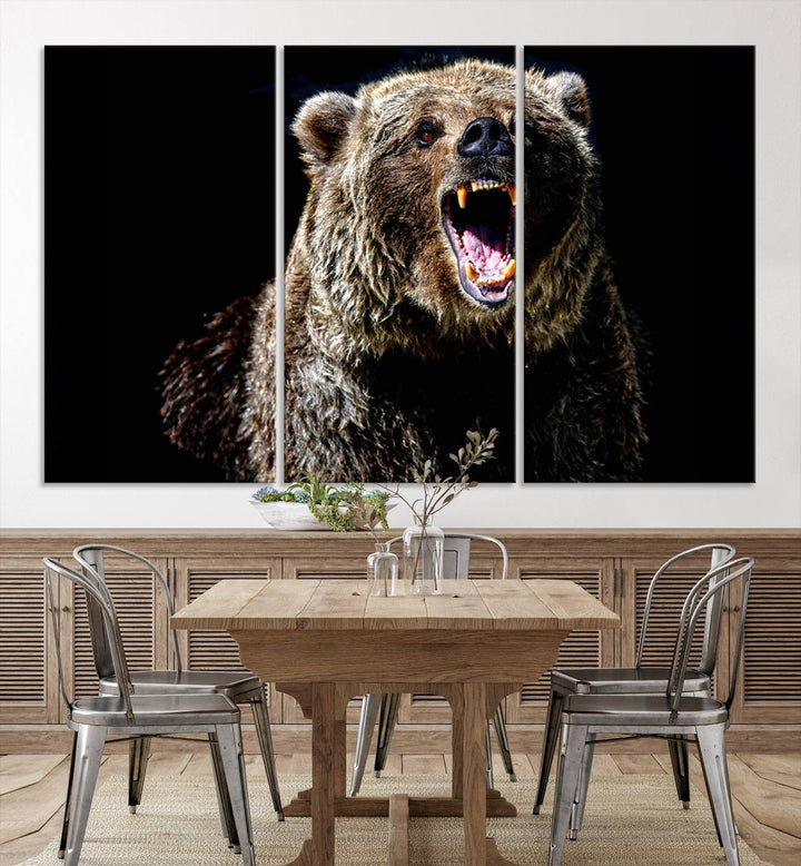 The Grizzly Bear Canvas Print, featuring wildlife wall art on a black background, is ready to hang and is perfect for rustic cabin decor.