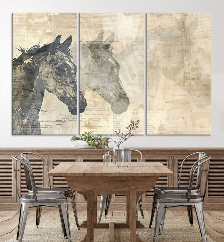 The Abstract Horse Canvas Print, part of the Modern Farmhouse Wall Art collection and ready to hang with its framed design, enhances the decor when displayed as a three-panel set on a dark wall.