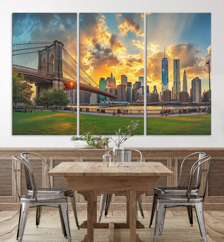 The "Brooklyn Bridge New York Skyline Wall Art" is a ready-to-hang framed canvas print that beautifully captures the cityscape at sunset, showcasing the iconic Brooklyn Bridge and majestic skyscrapers.