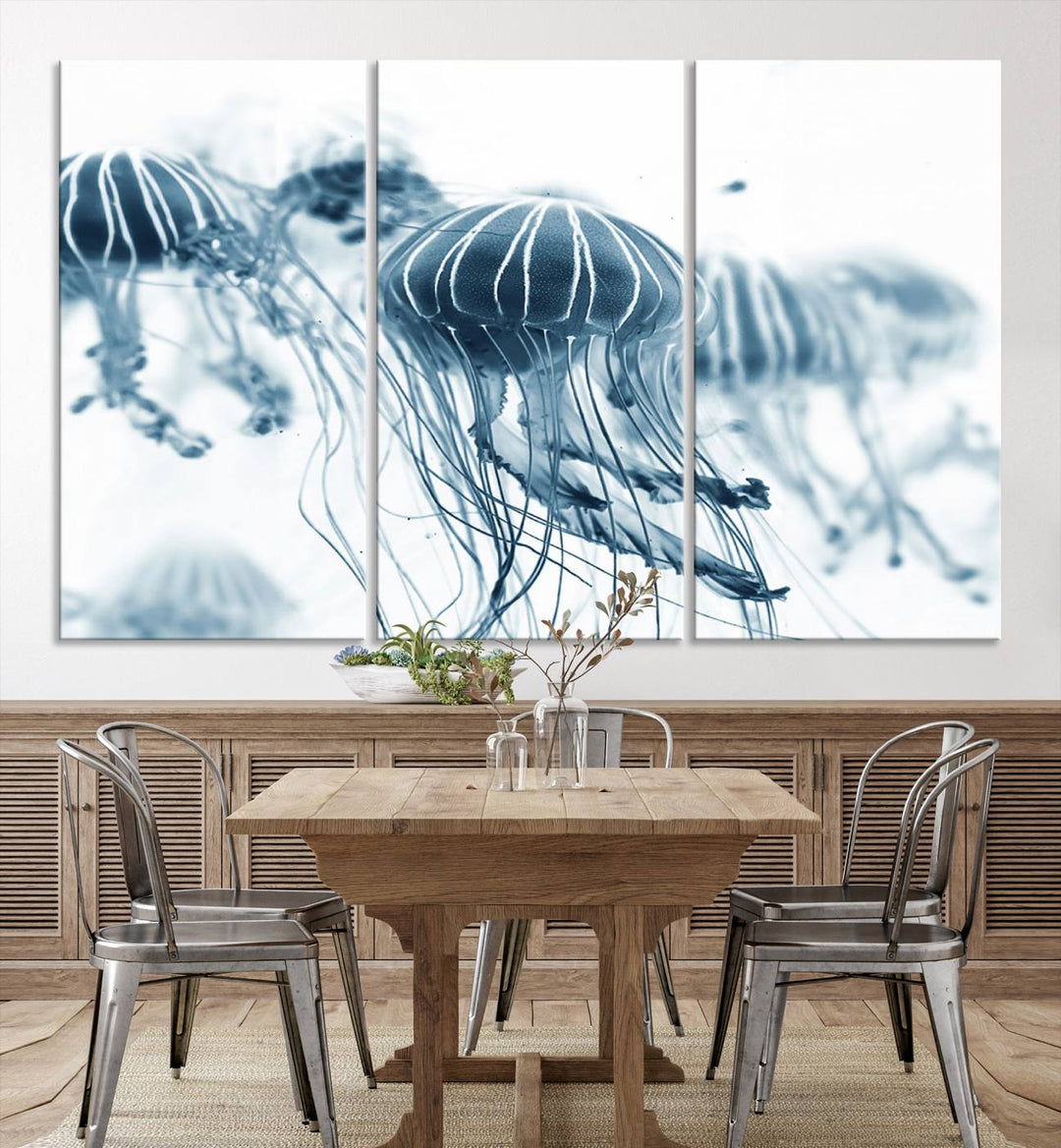 The Abstract Jellyfish Wall Art Canvas Print, a three-panel piece featuring high-resolution printing, hangs elegantly in the room, adding vibrant detail to the space.