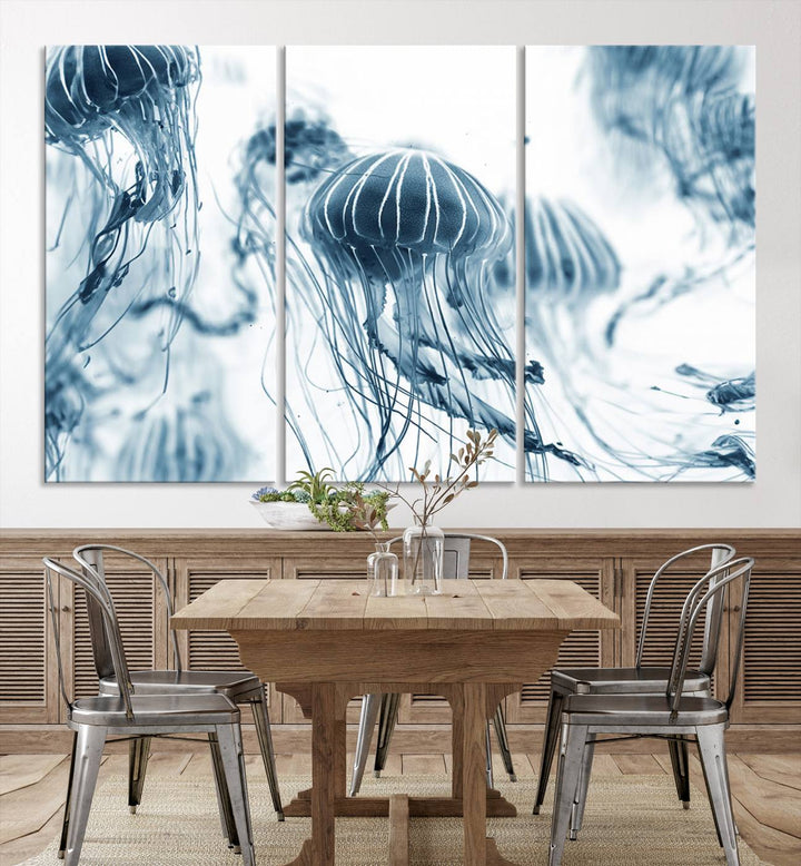 The "Abstract Jellyfish Wall Art Canvas Print" in high resolution is beautifully displayed as a triptych on a dark wall. Experience museum-quality canvas and enjoy free shipping with this stunning piece.