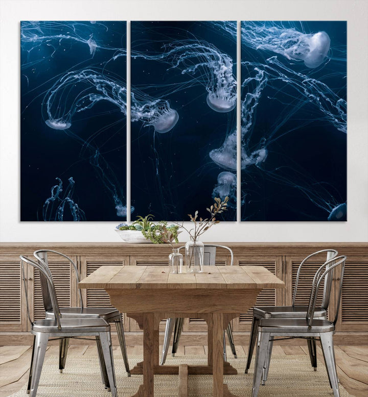 Room with modern decor, featuring the Abstract Jellyfish in Ocean Wall Art Canvas Print on museum-quality canvas.