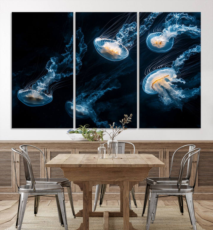 The "Jellyfish Wall Art Canvas Print," featuring a sea-themed design of glowing jellyfish, is displayed in high-resolution on museum-quality canvas.