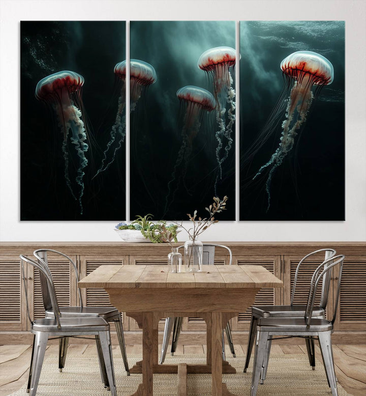 The Abstract Jellyfish Wall Art Canvas Print, framed in the USA and showcased on museum-quality canvas with high-resolution printing, adds a decorative touch to the space.