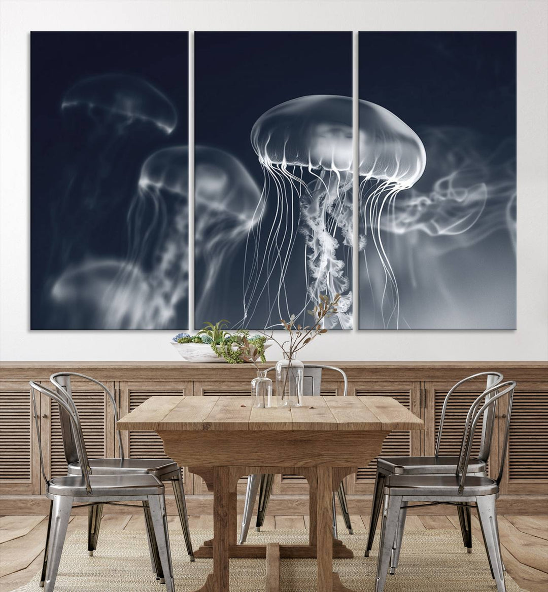 A stunning Jellyfish Wall Art Canvas Print showcases museum-quality canvas through high-resolution printing.