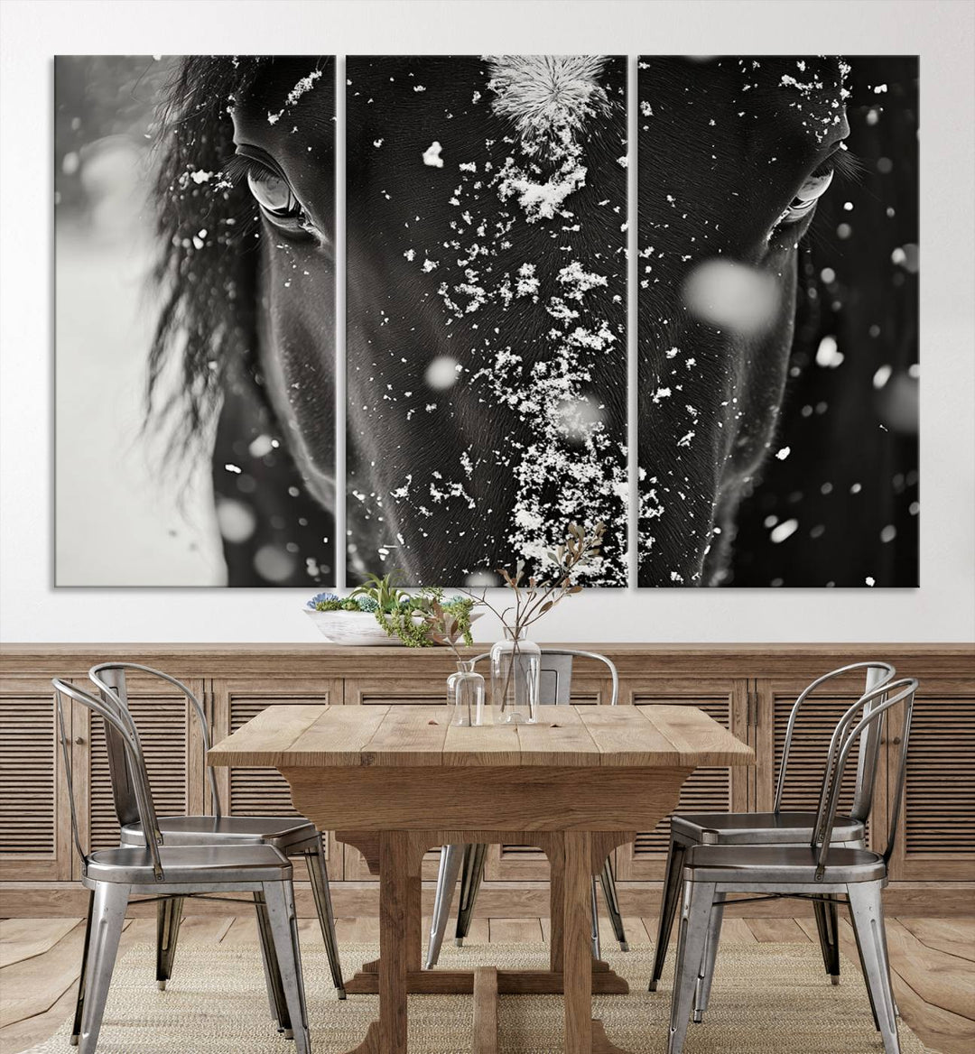 The Winter Horse Snow Wall Art Canvas Print, a black and white triptych showcasing a snow-covered horse's face, infuses the space with rustic cabin decor.