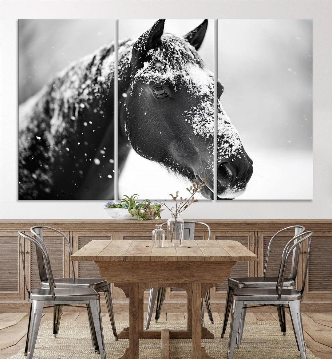 A set of Winter Horse Snow Wall Art Canvas Prints hangs, creating the perfect touch of Rustic Cabin Decor.