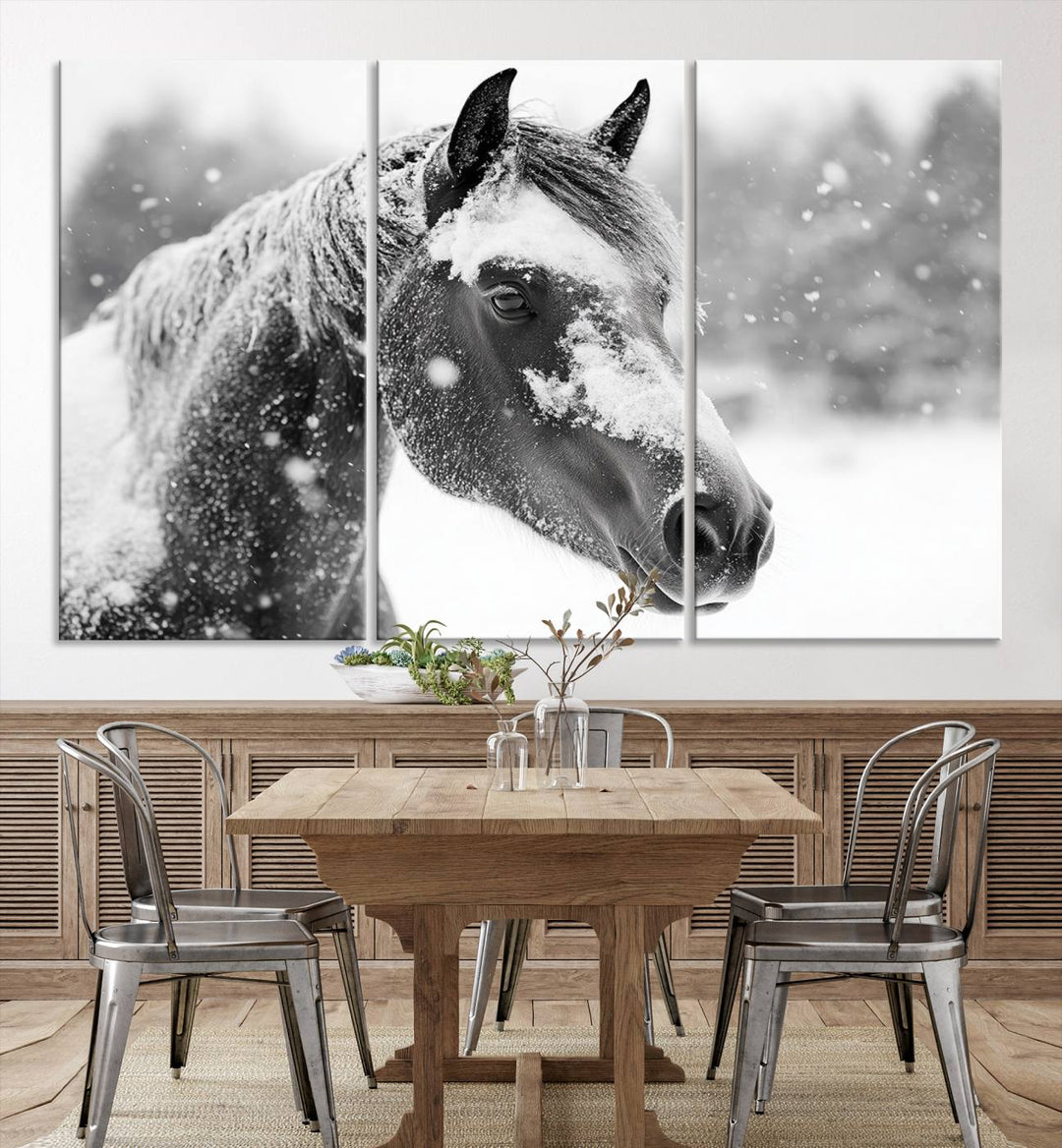 The Black Horse Winter Wall Art, framed and ready to hang, is beautifully displayed as farmhouse and western wall decor.