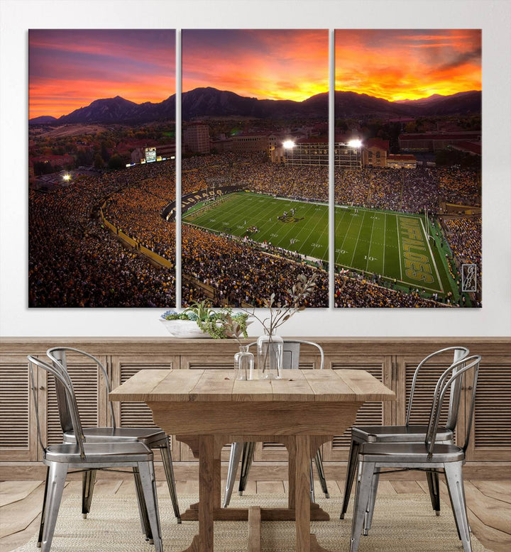 The living room showcases a lively wall art canvas print titled "Folsom Field - University of Colorado Buffaloes Football Stadium," capturing the essence of the University of Colorado.