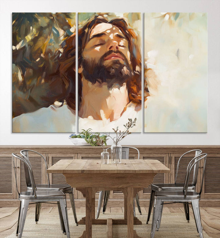 The Jesus Portrait Wall Art Canvas Print features a depiction of Jesus Christ with closed eyes, basking in sunlight. His expression exudes a peaceful, spiritual atmosphere against a blurred background.