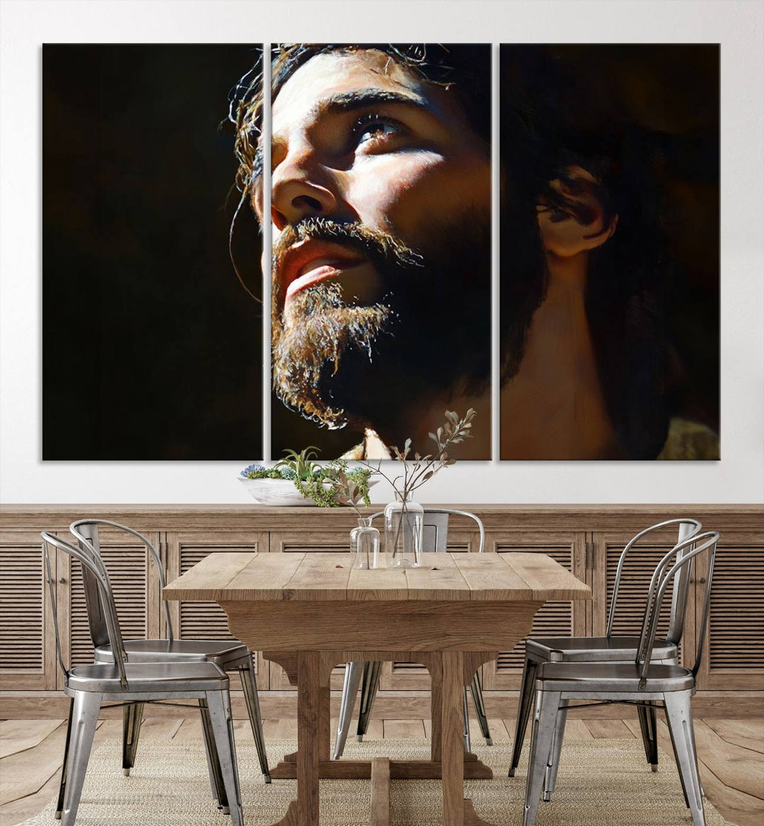 The Jesus Portrait Wall Art Canvas Print features a thoughtful depiction of Jesus Christ in an oil painting style, adding an inspirational religious touch to the decor.