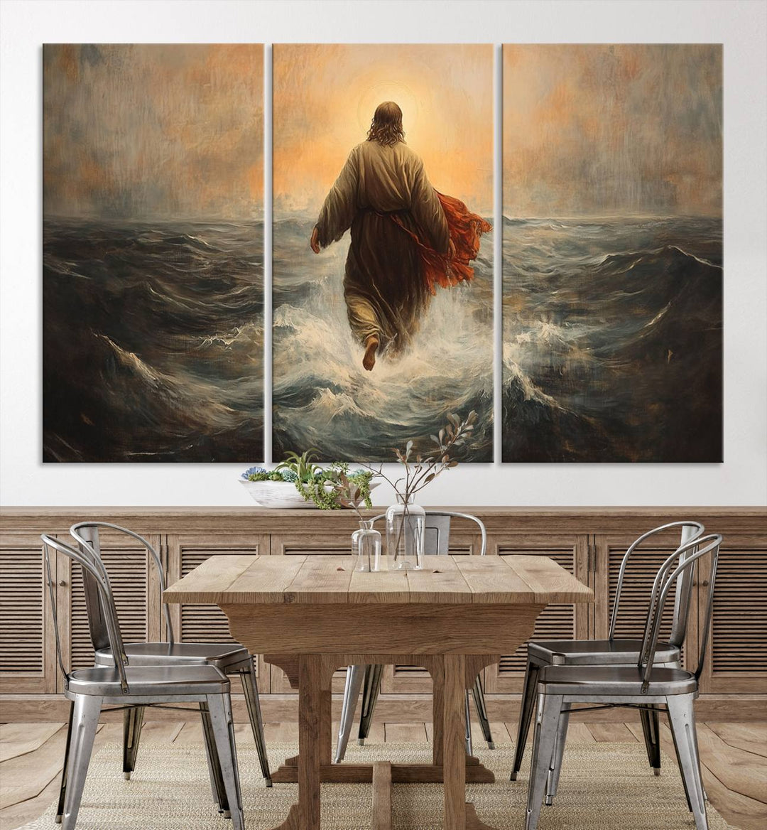 A modern living room is adorned with a triptych titled "Jesus Walking on Water, Christian Wall Art, Jesus Christ Walking on Oil Painting Style Print." The artwork, presented on museum-quality canvas, showcases vibrant colors and exquisite detail.