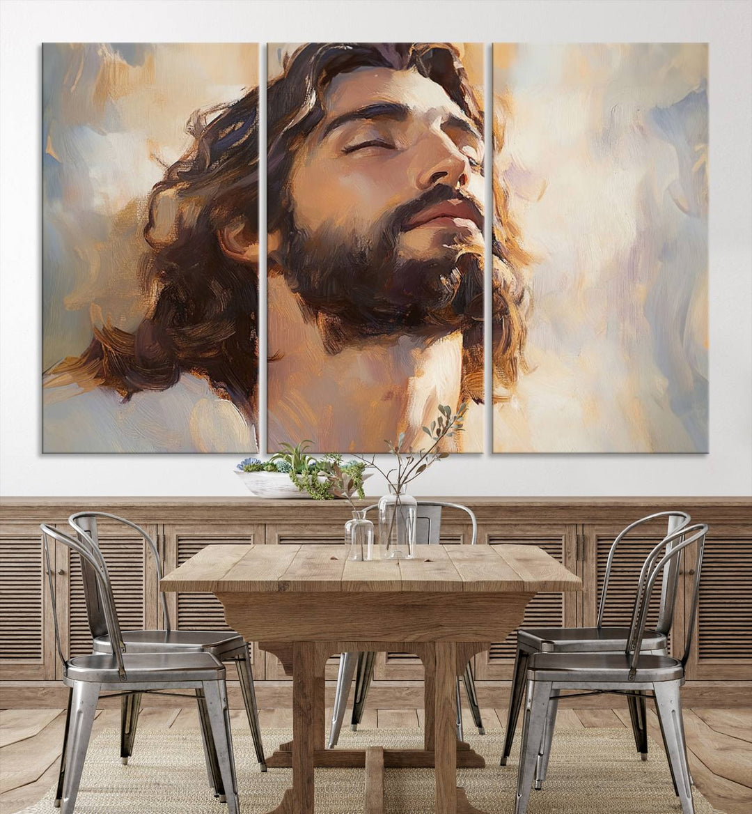 This museum-quality canvas print, titled "Jesus Portrait," features an oil painting style depiction of Jesus Christ with a closed-eyed expression. The high-resolution printing captures every detail beautifully.